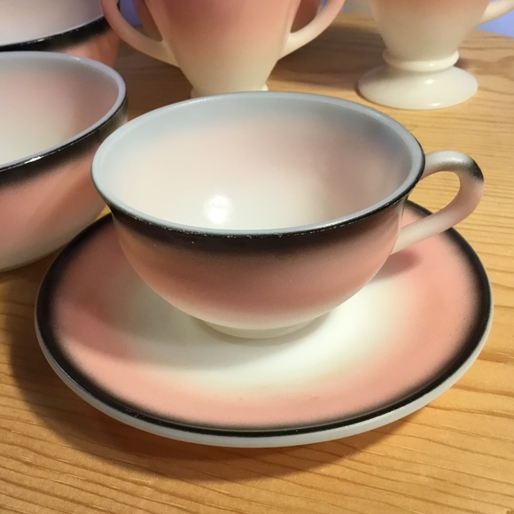 Vintage HAZEL ATLAS OVIDE Sugar & Cream Set w/1Cup & Saucer Retro Pink Black - Picture 2 of 8